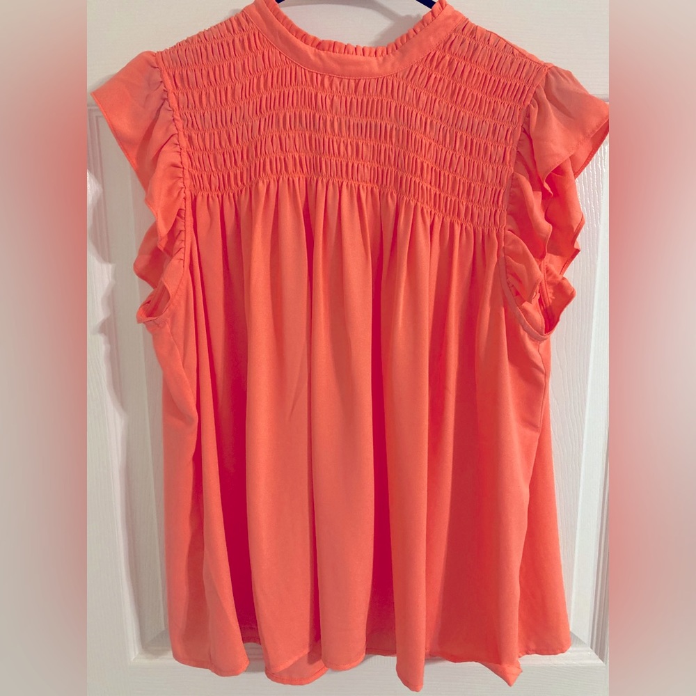 Crown & Ivy Coral Pink Sleeveless Summer Ruffle Shoulder Smocked Top